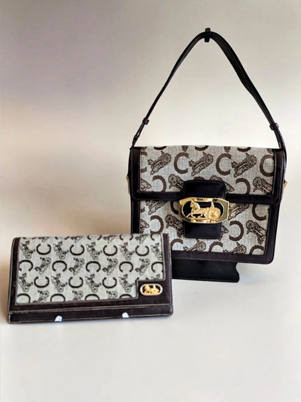 Vintage Celine C Sulky Horse Carriage Jacquard Bag & Wallet Set